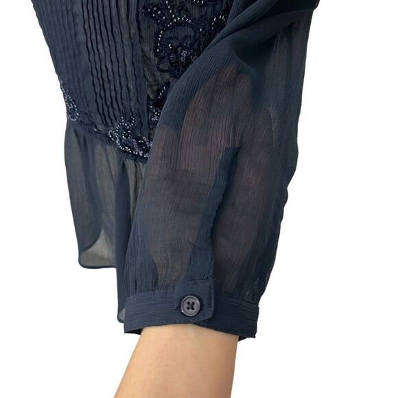 Anthropologie Maeve Helene Blouse in Navy Size Small 4 w Embellished Sequin Pepl - Picture 7 of 12